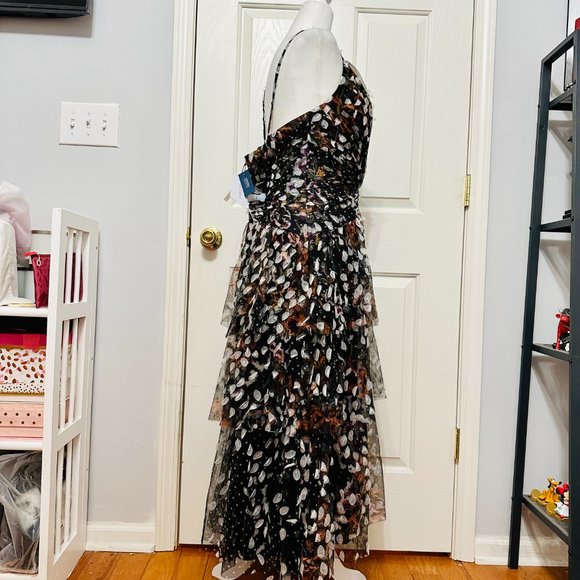 MARCHESA NOTTE EMBELLISHED PRINTED TULLE AND CREPE DE CHINE MIDI PARTY DRESS - Picture 4 of 12